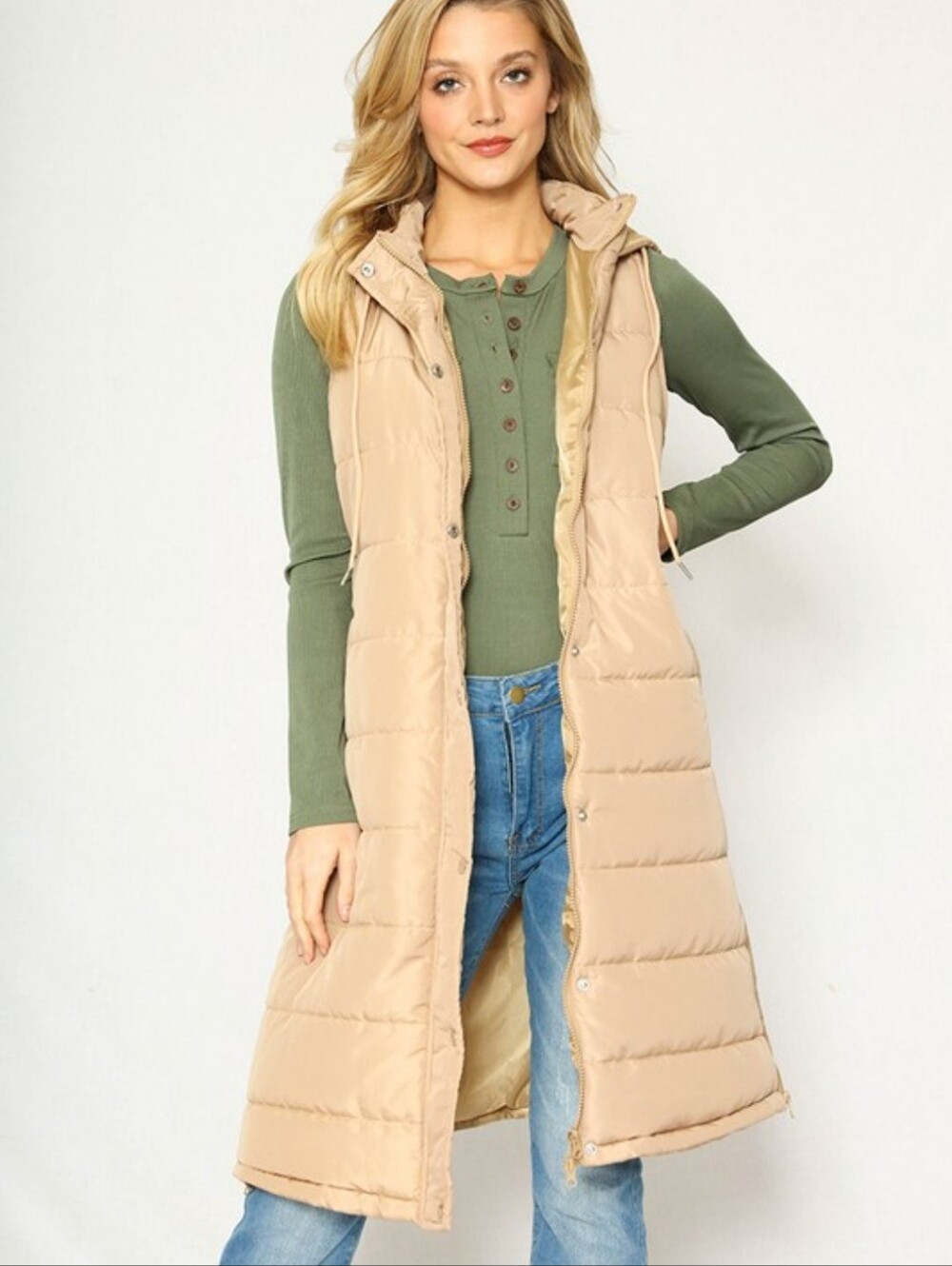 NEW Long Puffer Vest Beige